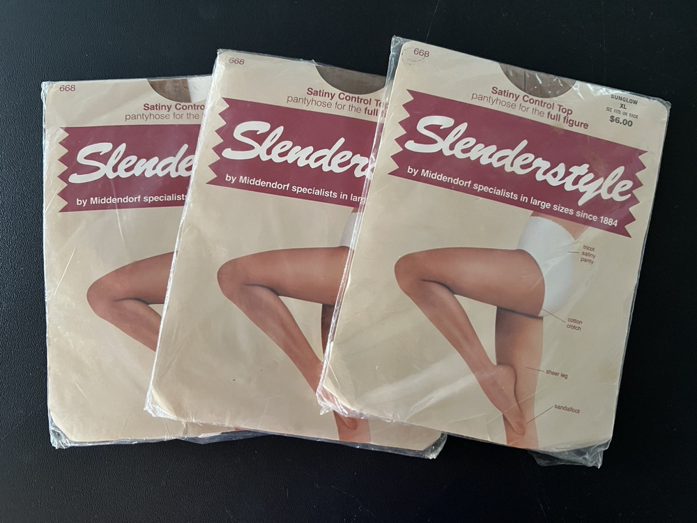 SLENDERSTYLE SATINY CONTROL TOP PANTYHOSE Sz XL Vintage New Lot of 3